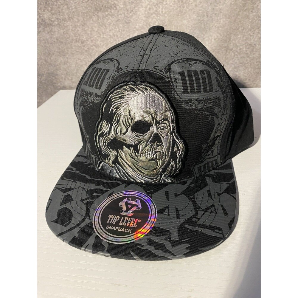 Top Level Snapback Hat $100 Benjamin Franklin Skull Money BOSS Black Cap Men's